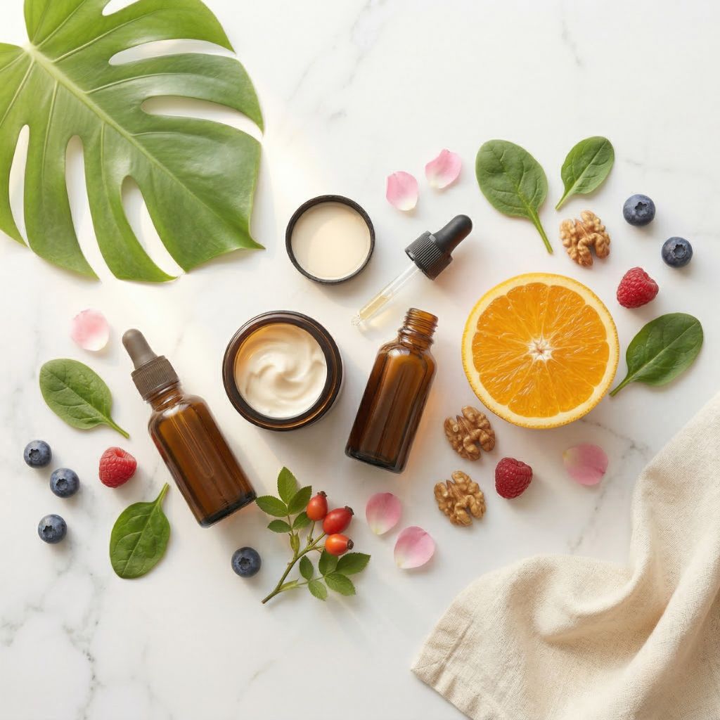 Crema antiedad en tarro ámbar, sérum vitamina C, naranja fresca, arándanos, frambuesas, nueces y espinacas sobre mármol blanco para mantener la piel joven y luminosa