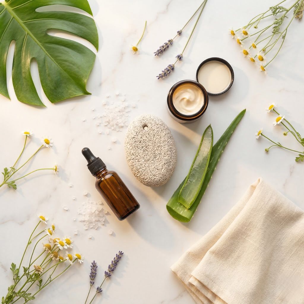 Piedra pómez natural, crema de pies en tarro ámbar, hoja de aloe vera abierta, aceite de coco y sal marina sobre mármol blanco para eliminar durezas de los pies