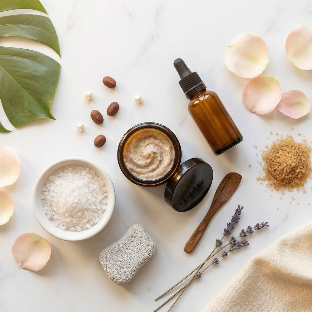 Flat lay de exfoliante natural con tarro de exfoliante facial abierto mostrando textura granulada, bol de sal marina, bolitas de jojoba, piedra pómez, azúcar moreno, pétalos de rosa y espátula de madera sobre mármol blanco