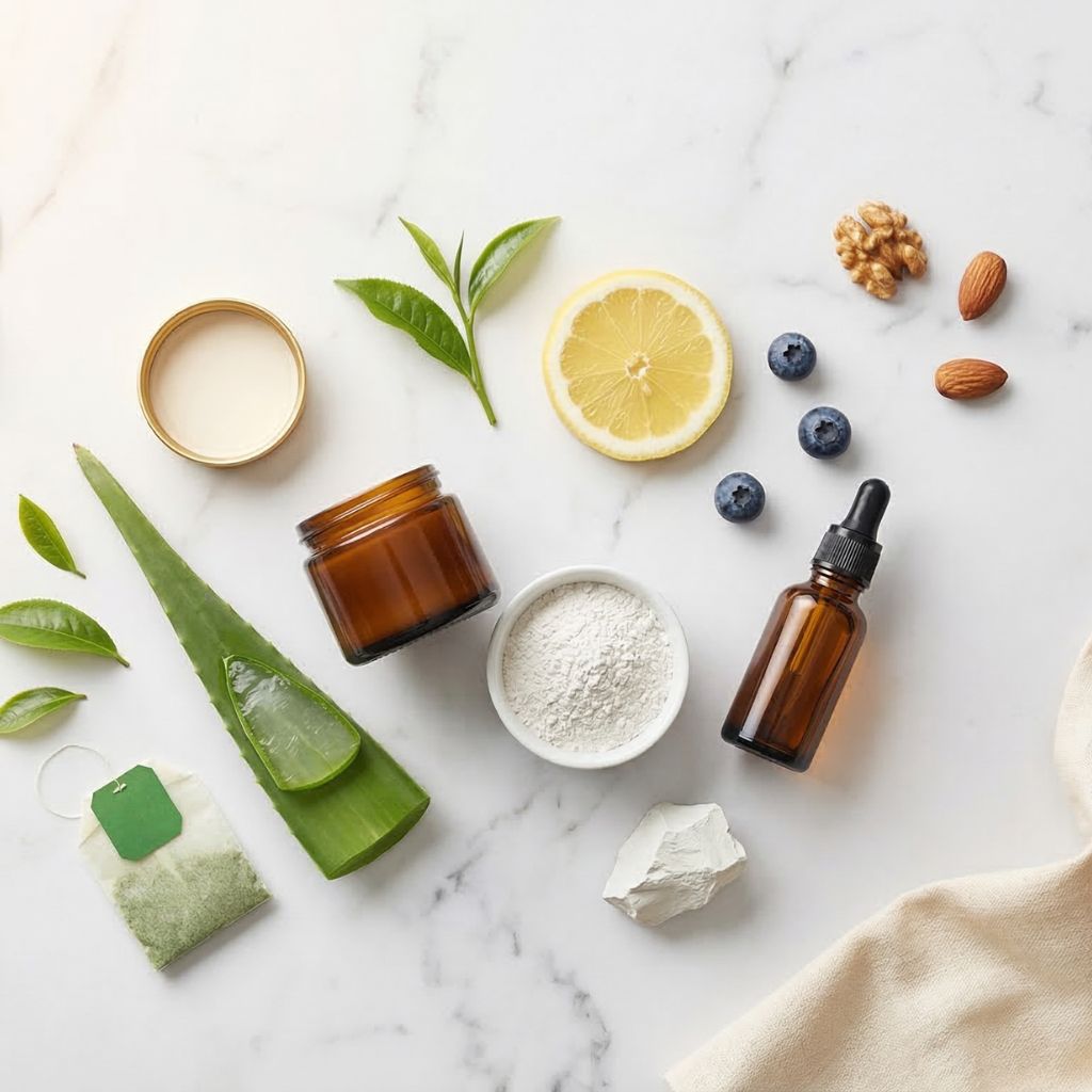 Flat lay de tratamiento natural anti-acné con limpiador facial ámbar, aloe vera cortado, arcilla de caolín, hojas de té verde, limón, arándanos y nueces sobre mármol blanco para prevenir y tratar el acné de forma natural