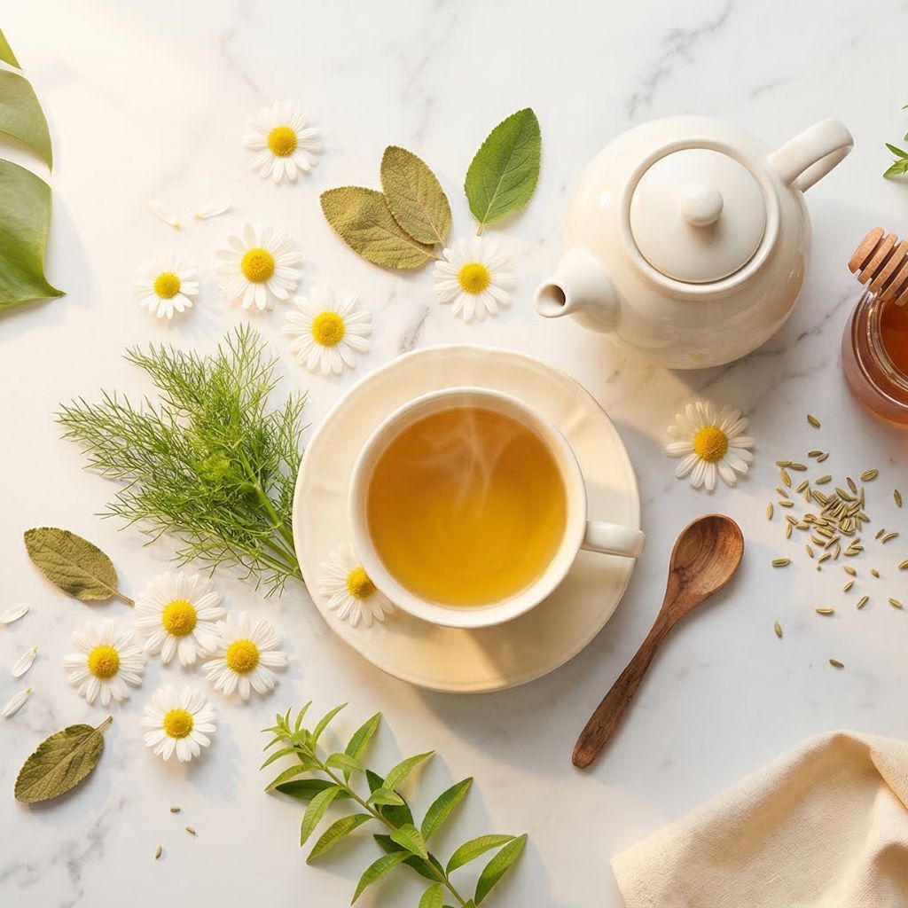 Flat lay de infusiones digestivas para después de comer con taza de té dorada, tetera cerámica, flores de manzanilla frescas, hinojo, hierba luisa, boldo, tarro de miel ámbar y semillas de hinojo sobre mármol blanco