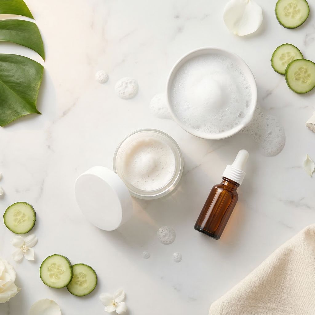 Tarro de mascarilla de burbujas Bubble Mask abierto con textura espumosa, bol de espuma blanca desbordando, pepino fresco, pétalos blancos y arcilla de caolín sobre mármol blanco para limpieza facial profunda