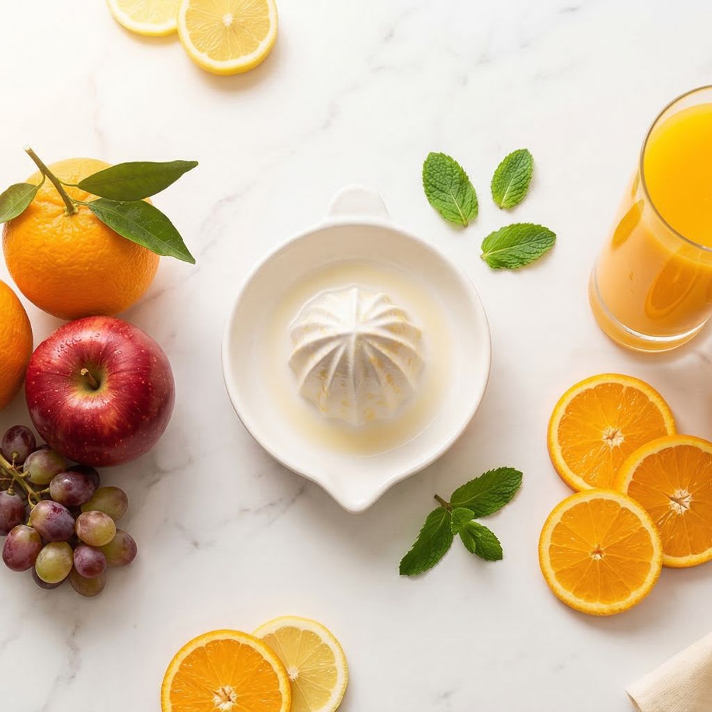 Comparativa visual de zumos de fruta vs fruta entera: naranjas frescas enteras con hojas, manzana y uvas junto a exprimidor de cerámica y vasos de zumo de naranja y manzana sobre mármol blanco
