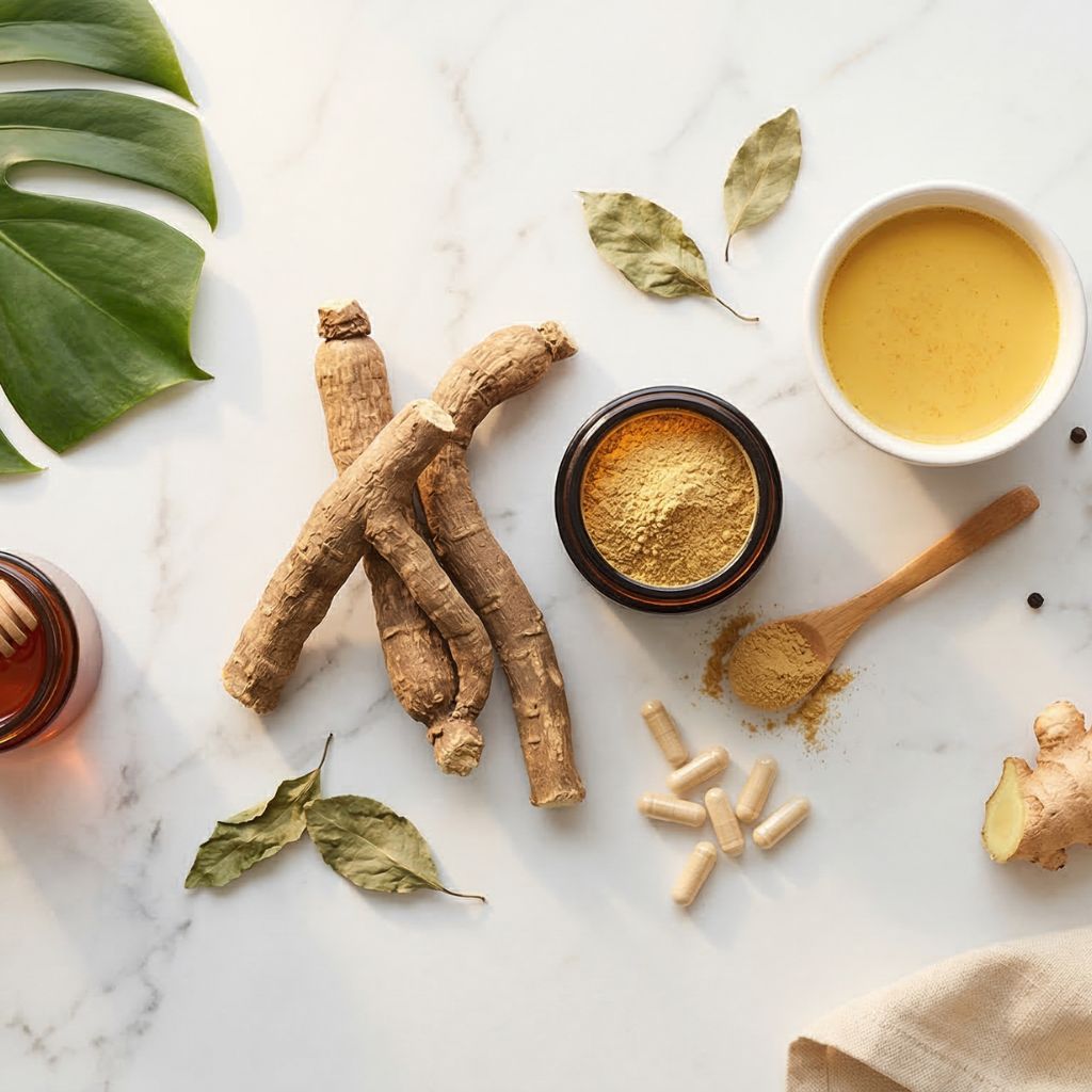 Flat lay de ashwagandha con raíces frescas marrones como elemento hero, tarro de polvo de ashwagandha ámbar, cuchara de madera con polvo, cápsulas naturales, bol de golden milk amarilla, jengibre fresco y miel sobre mármol blanco