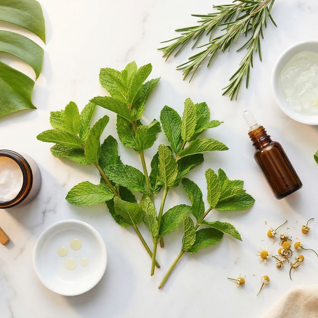 Flat lay anticaspa natural con ramitas de menta fresca como elemento hero, botella de aceite esencial de menta ámbar, bol de gel de aloe vera, hoja de aloe vera cortada, tarro de aceite de coco, romero fresco, flores de manzanilla y rodaja de limón sobre mármol blanco
