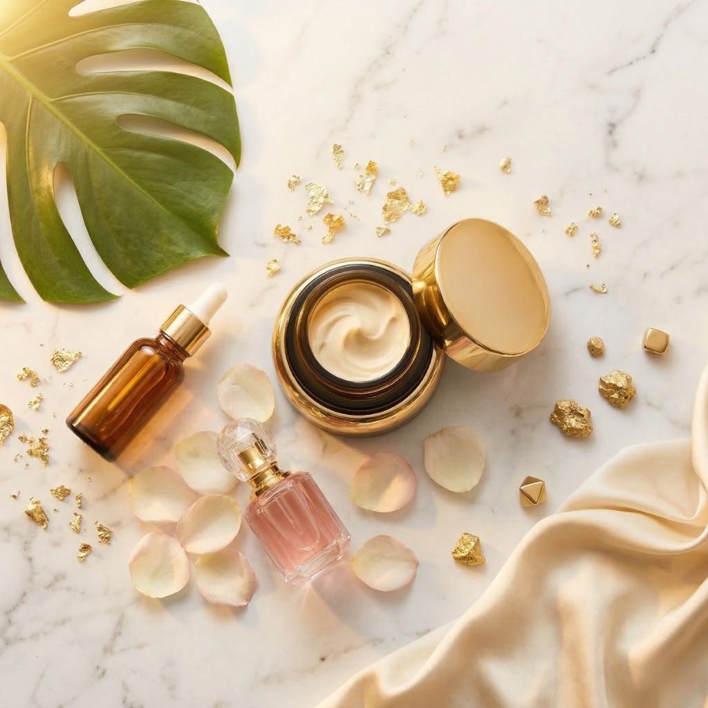 Tarro de crema Gold 24K abierto mostrando textura rica, pan de oro 24K, sérum dorado, pétalos de rosa y agua micelar de rosas sobre mármol blanco para tratamiento antiedad con oro