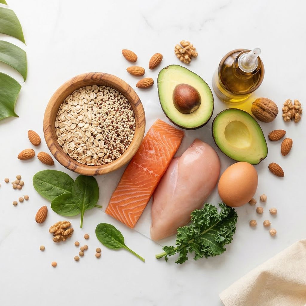 Flat lay de los tres macronutrientes: avena y quinoa para hidratos de carbono, huevo y salmón para proteínas, aguacate y nueces para lípidos saludables sobre mármol blanco