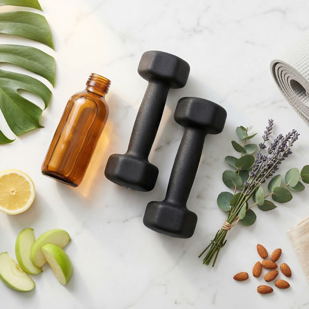 Flat lay de rutina de tonificación en casa con mancuernas cromadas, esterilla de yoga enrollada, manzana verde, rodaja de limón, botella de agua, almendras y aceite de masaje sobre mármol blanco