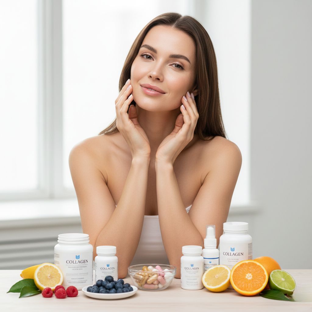 Mujer joven con piel radiante saludable y cabello brillante tocando su rostro con confianza, frente a mesa blanca con productos nutricosmética: tarros colágeno, botellas suplementos, cápsulas en cuenco, frutas frescas antioxidantes: limón, naranja, lima, arándanos, frambuesas