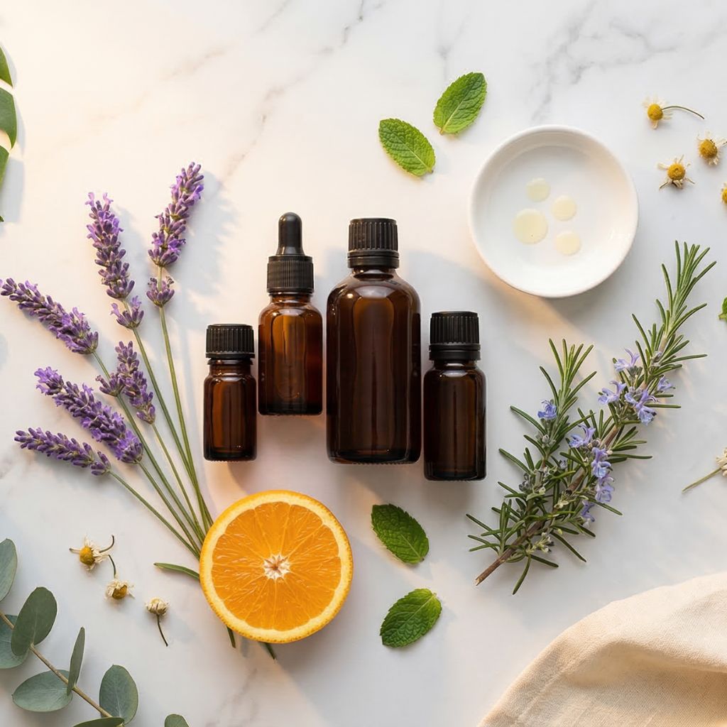 Flat lay de aceites esenciales con botellas de aceite ámbar oscuro, lavanda fresca, romero, hojas de menta, eucalipto, naranja fresca cortada y flores de manzanilla sobre mármol blanco para aromaterapia y cosmética natural