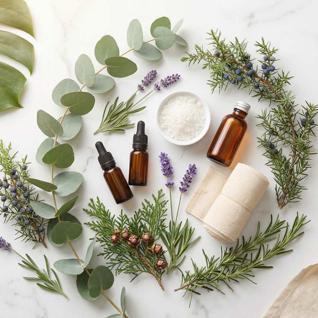 Flat lay de prevención natural de varices con ramas de eucalipto, enebro con bayas, ciprés con piñas, aceite esencial ámbar, sal marina, venda elástica crema y aceite de almendras para masaje de piernas sobre mármol blanco