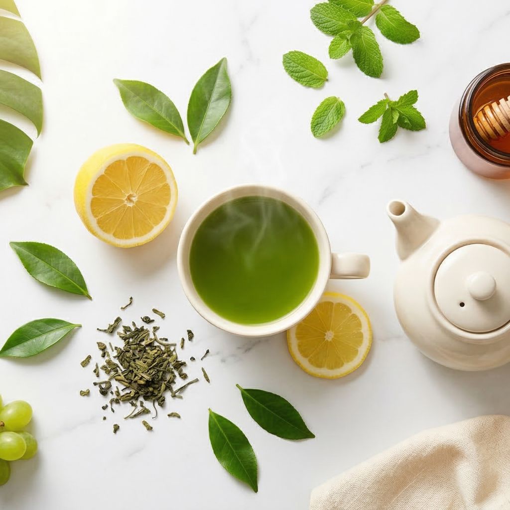 Flat lay de té verde quema grasas con taza de té verde esmeralda brillante, tetera blanca, limón cortado, hojas de té sueltas, tarro de miel ámbar, menta fresca, uvas verdes y manzana verde sobre mármol blanco