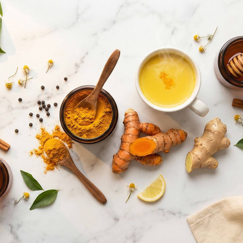 Flat lay de cúrcuma con raíces frescas naranja intenso cortadas como elemento hero, tarro de polvo de cúrcuma dorado, cuchara de madera con polvo, granos de pimienta negra, taza de golden milk amarilla, jengibre fresco, canela en rama y miel sobre mármol blanco