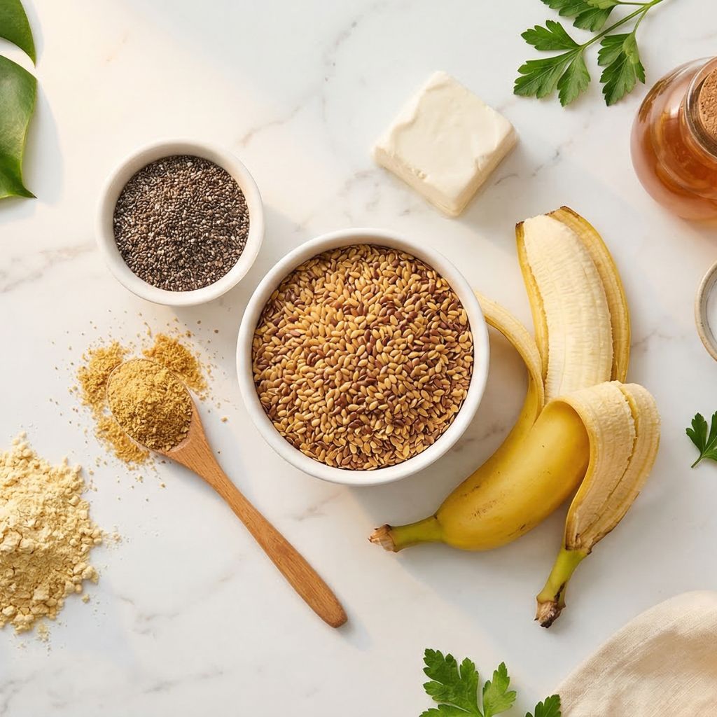 Flat lay de sustitutos veganos del huevo con bol de semillas de lino doradas como elemento hero, bol de semillas de chía negras, plátano maduro, cuchara con polvo de lino, tofu blando blanco, tarro de vinagre de manzana, harina de garbanzo y limones sobre mármol blanco