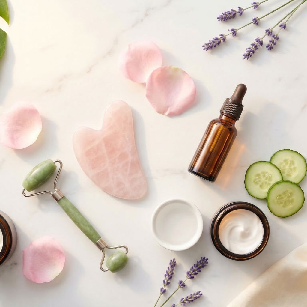 Flat lay de yoga facial con gua sha de cuarzo rosa como elemento hero, rodillo facial de jade verde, pétalos de rosa rosa esparcidos, botella de aceite facial ámbar, rodajas de pepino, bol de agua de rosas, rosa fresca y lavanda sobre mármol blanco