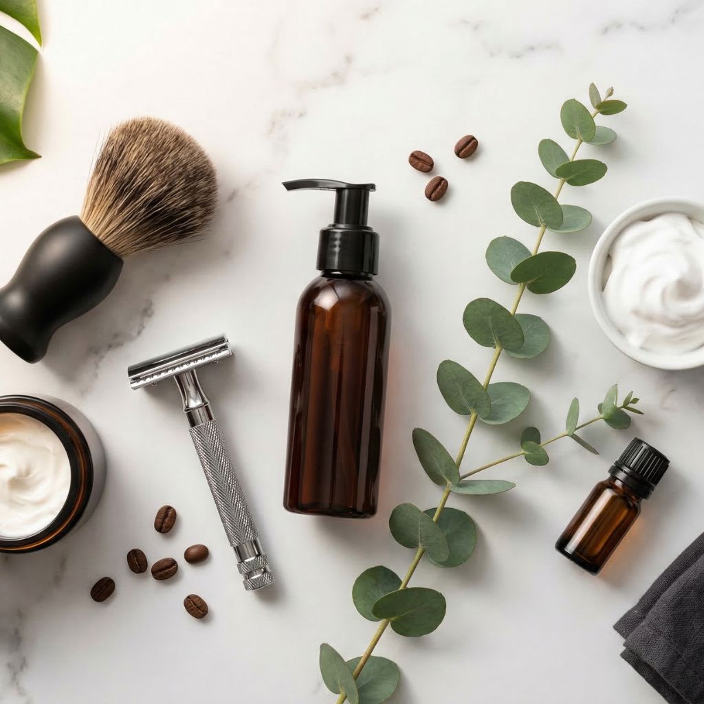 Flat lay de cuidados faciales masculinos con brocha de afeitar negra mate como elemento hero, maquinilla de afeitar cromada, tarro de bálsamo post-afeitado ámbar, botella de limpiador facial, rama de eucalipto, bol de espuma de afeitar y granos de café sobre mármol blanco