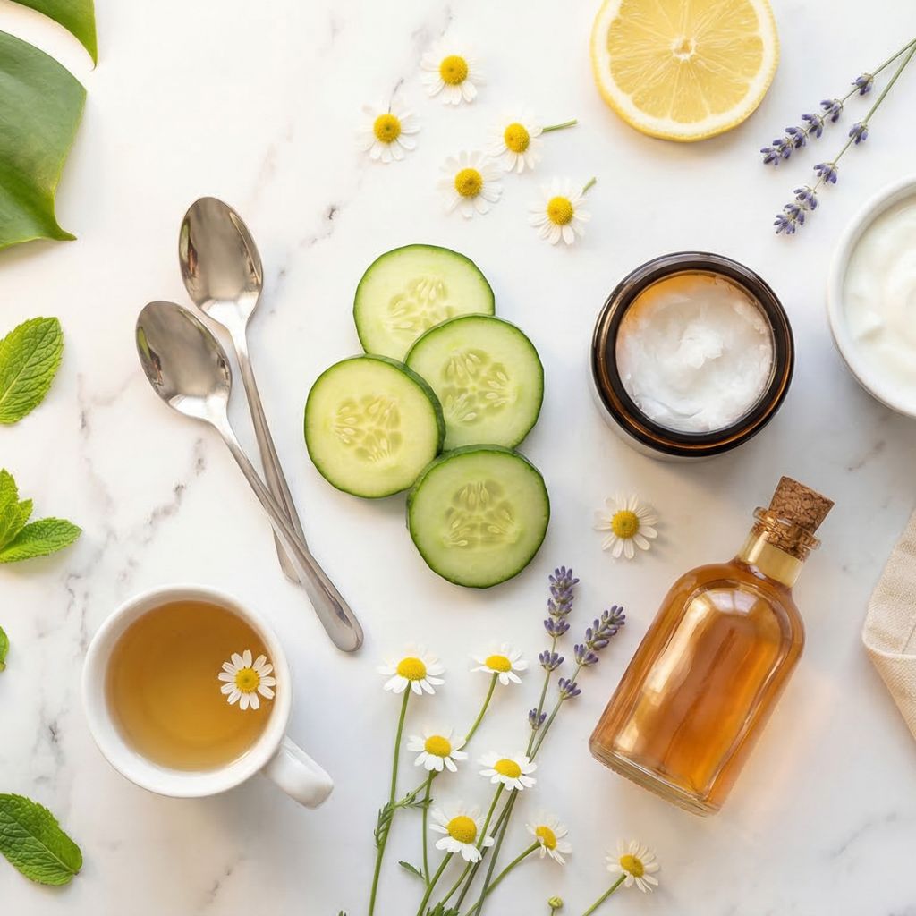 Flat lay de trucos de belleza caseros con rodajas de pepino fresco y cucharillas plateadas como elementos hero para ojeras, tarro de aceite de coco, bol de yogur natural, flores de manzanilla, botella de vinagre de manzana y taza de infusión sobre mármol blanco