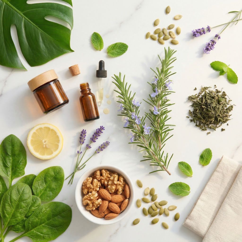 Flat lay anticaída capilar primavera con ramitas de romero con flores azules como elemento hero, aceite esencial ámbar, pipas de calabaza, bol de nueces y almendras, espinacas frescas, aceite de ricino, rodaja de limón y lavanda sobre mármol blanco