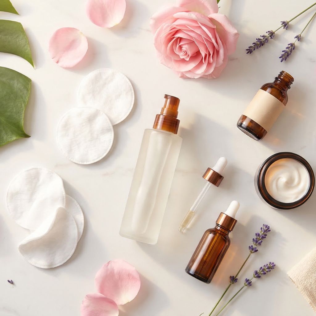 Flat lay rutina de desmaquillado con botella de agua micelar ámbar como elemento hero, algodones redondos blancos, botella de tónico, tarro de crema de noche abierto, pétalos de rosa rosa, sérum en gotero y lavanda sobre mármol blanco