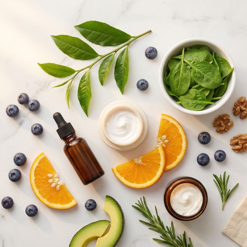 Flat lay de protección piel contra factores externos con tarro de protector solar blanco abierto como elemento hero, sérum de vitamina C ámbar, rodajas de naranja, arándanos frescos, hojas de espinacas, aguacate, nueces y romero sobre mármol blanco