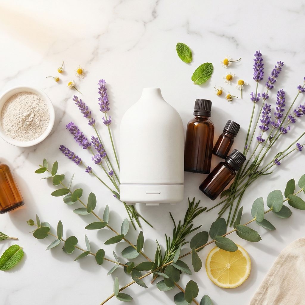 Flat lay de aceites esenciales con difusor ultrasónico blanco como elemento hero, botellas de aceite esencial ámbar, lavanda fresca abundante, rama de eucalipto, menta fresca, bol de arcilla caolín, aceite de almendras y flores de manzanilla sobre mármol blanco