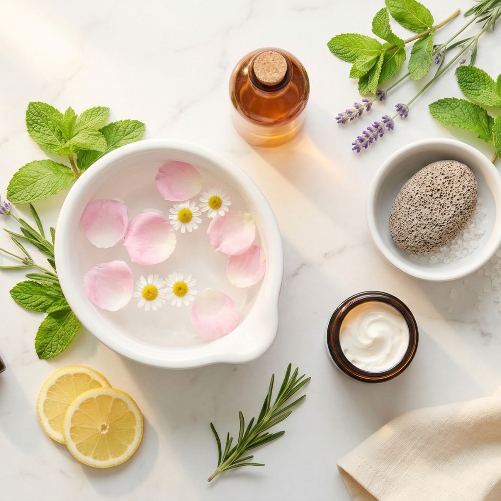 Flat lay de cuidado de pies con bol de agua con pétalos de rosa flotando como elemento hero, botella de vinagre de manzana, menta fresca, bol con piedra pómez, tarro de crema de pies, lavanda, limones, sal marina y aceite esencial de menta sobre mármol blanco