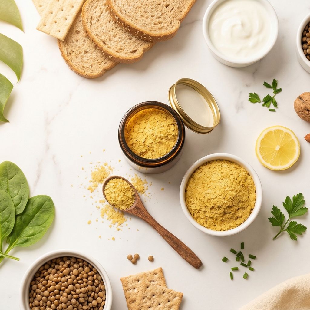 Flat lay de levadura de cerveza con tarro ámbar de copos dorados abierto como elemento hero, cuchara de madera con copos, bol de yogur natural, espinacas frescas verdes, bol de lentejas, nueces, almendras, rodaja de limón y pan integral sobre mármol blanco