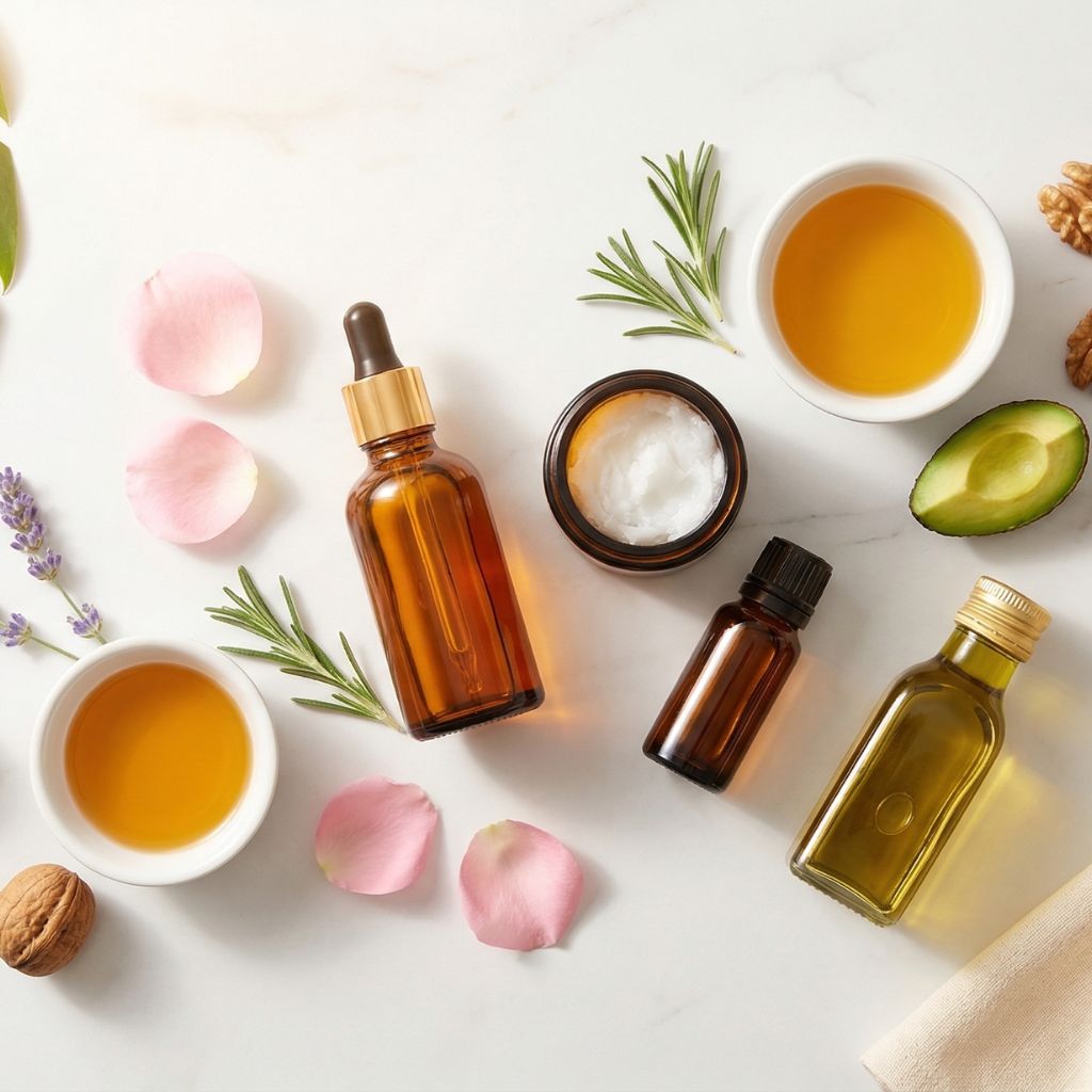 Flat lay de aceites vegetales para la piel con botella de aceite de rosa mosqueta ámbar con gotero como elemento hero, aceite de argán, tarro de coco abierto, aceite de jojoba, pétalos de rosa, bol de aceite de almendras, aguacate fresco y lavanda sobre mármol blanco