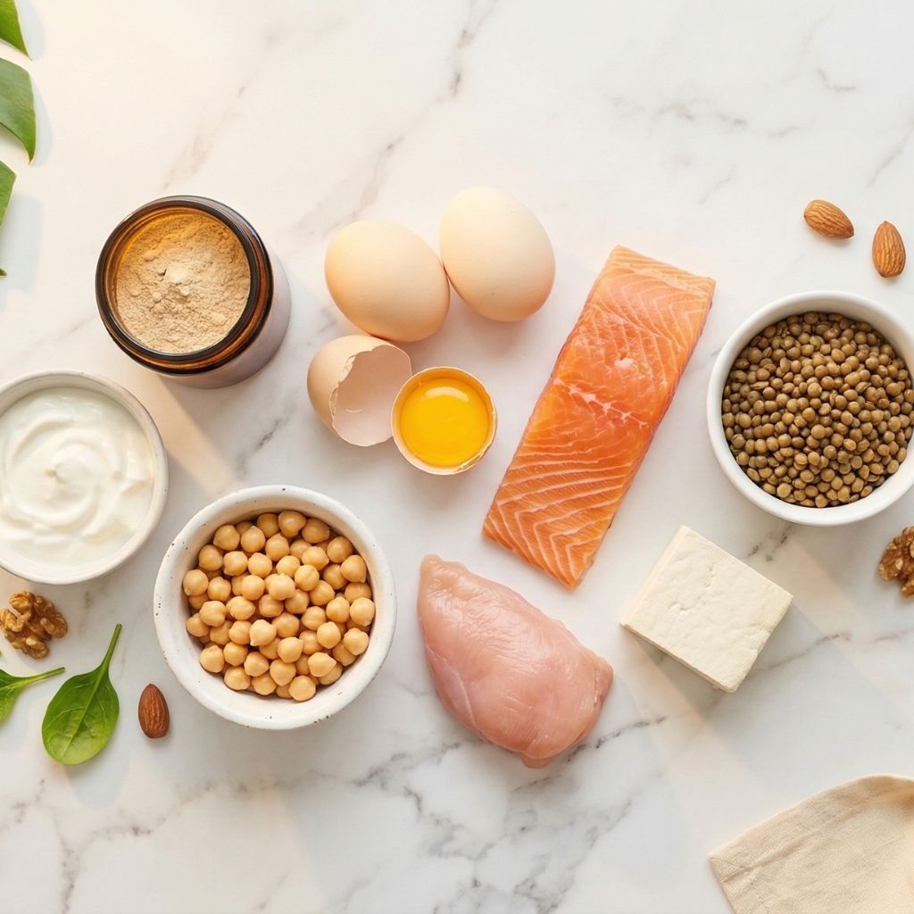 Flat lay de alimentos ricos en proteínas con huevos frescos uno abierto mostrando yema dorada como elemento hero, filete de salmón naranja, bol de garbanzos, yogur griego, nueces, lentejas, tofu blanco y espinacas sobre mármol blanco