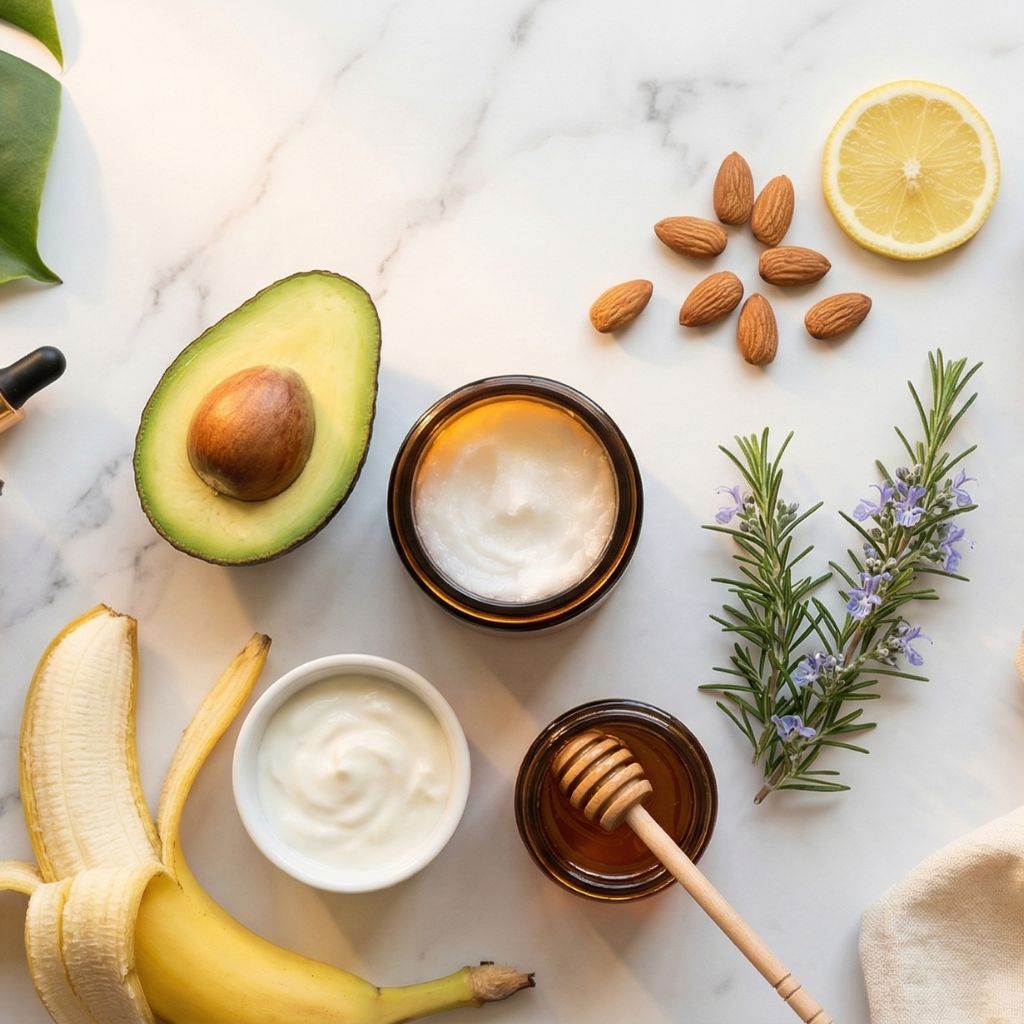 Flat lay de hidratación capilar verano con tarro de aceite de coco abierto como elemento hero, aguacate cortado mostrando interior verde, botella de aceite de argán, plátano amarillo, bol de yogur natural, tarro de miel con cuchara y romero fresco sobre mármol blanco