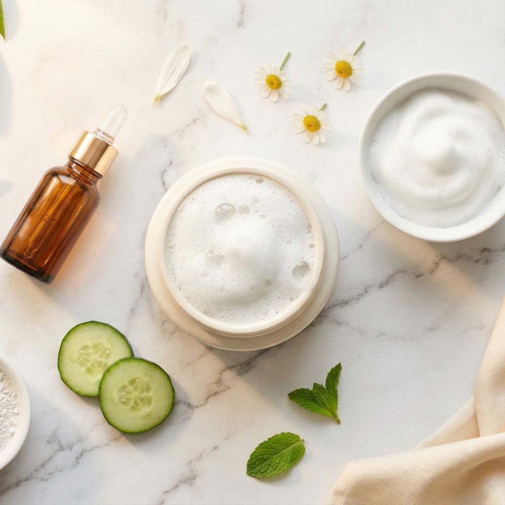 Flat lay de cosmética con oxígeno con tarro de bubble mask abierto con espuma de burbujas blanca como elemento hero, bol de espuma activada, pétalos blancos, tónico ámbar, rodajas de pepino, arcilla caolín blanca, menta fresca y flores de manzanilla sobre mármol blanco