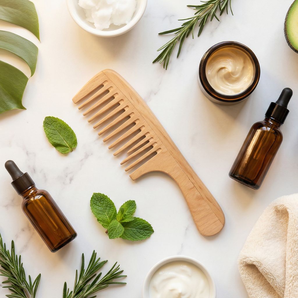 Flat lay de recuperación capilar con peine de púas anchas crema como elemento hero, tarro de mascarilla capilar ámbar, botella de aceite de argán, aguacate verde, bol de aceite de coco, romero fresco, sérum de puntas y toalla de microfibra sobre mármol blanco