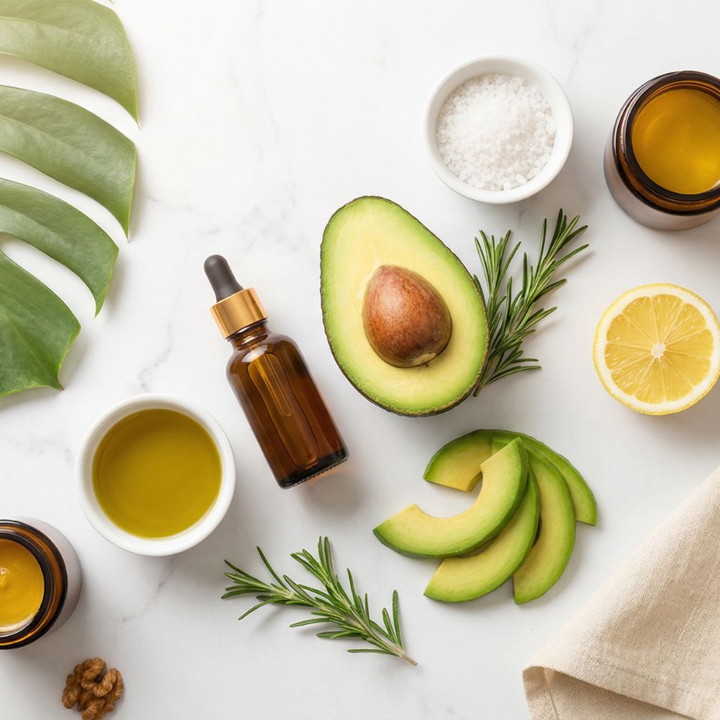 Flat lay de aceite de aguacate cosmético con aguacate fresco cortado mostrando interior verde como elemento hero, botella de aceite de aguacate ámbar dorado con gotero, bol de aceite dorado, rodajas de aguacate, sal marina, limón, romero fresco y nueces sobre mármol blanco