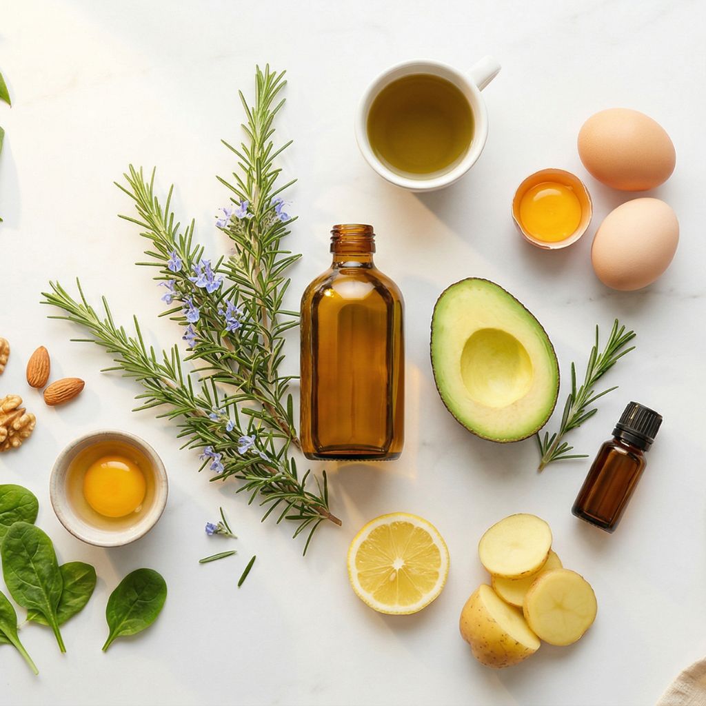 Flat lay de remedios naturales para crecer el cabello con botella de aceite de oliva dorado como elemento hero, romero fresco con flores azules abundante, huevos frescos con yema dorada, aguacate verde, taza de té verde, nueces y espinacas sobre mármol blanco