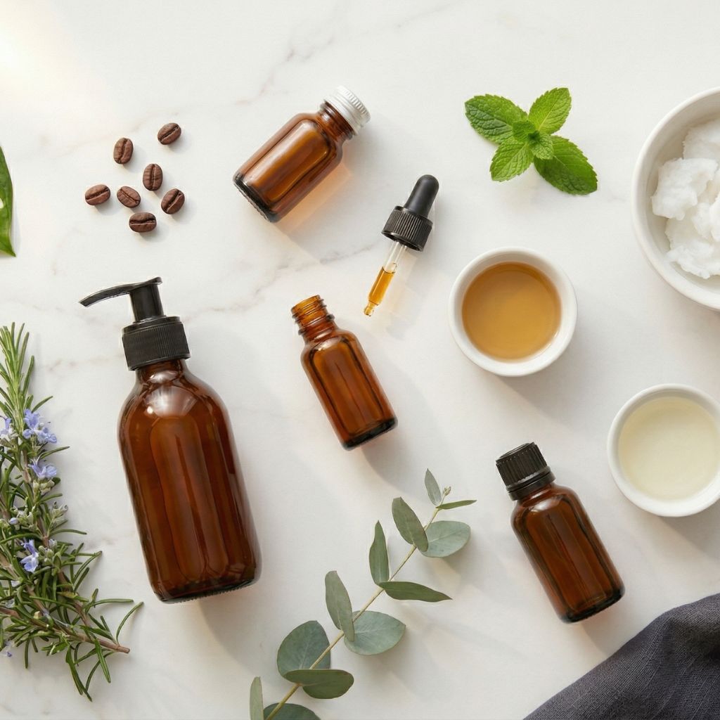 Flat lay de cuidado capilar masculino con botella de champú ámbar oscuro como elemento hero, aceite esencial de romero, ramitas de romero con flores azules, aceite de argán, acondicionador, menta fresca, aceite de coco y granos de café sobre mármol blanco