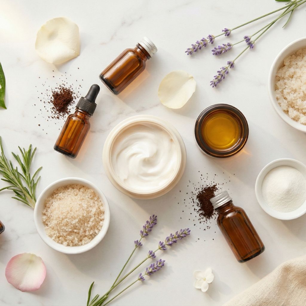 Flat lay de crema reafirmante corporal con tarro de crema blanca abierto como elemento hero, botella de aceite de rosa mosqueta, bol de exfoliante corporal, posos de café marrones, romero fresco, aceite de almendras, pétalos de rosa y lavanda sobre mármol blanco