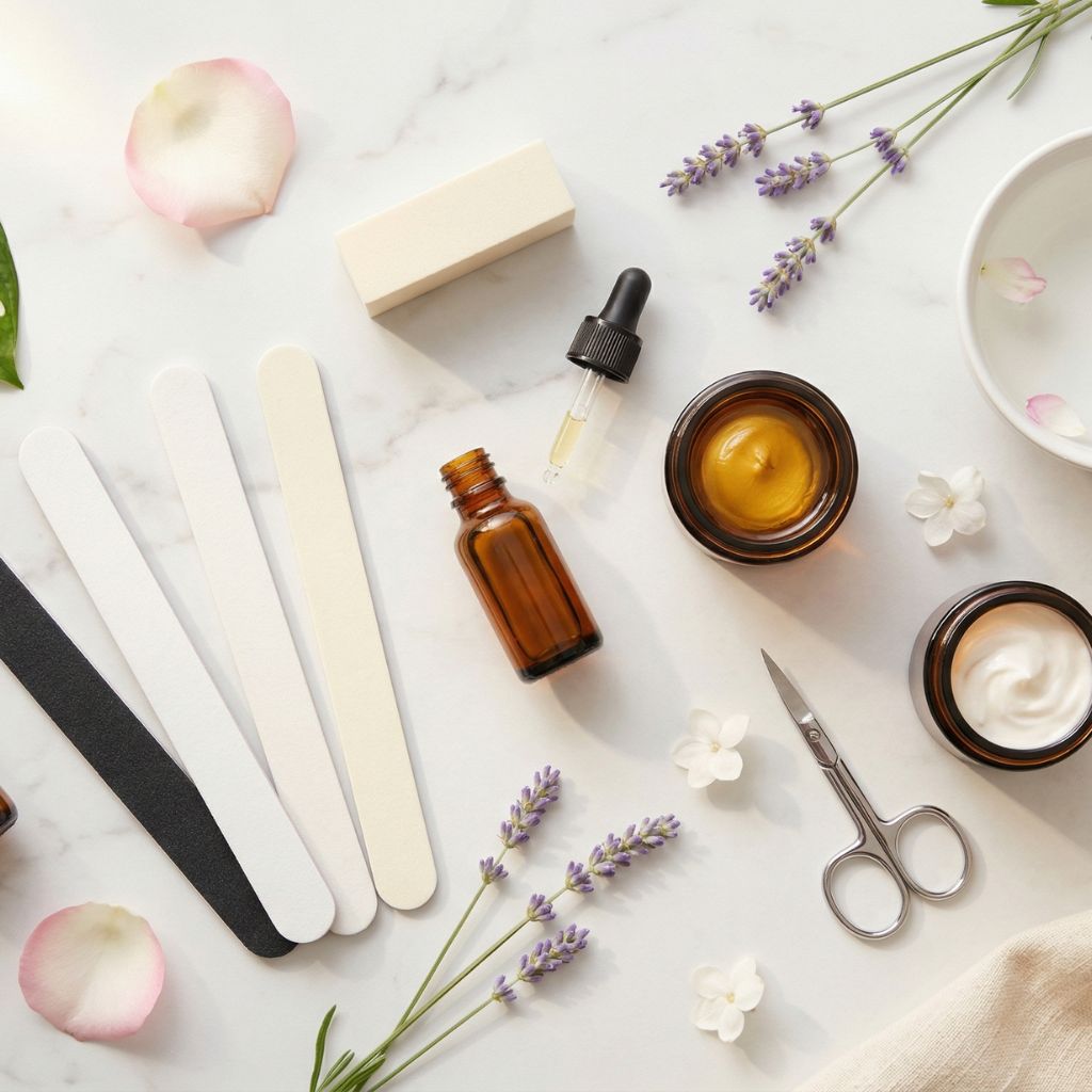 Flat lay de manicura perfecta con limas de uñas negra acolchada y crema como elemento hero, taco pulidor de 4 caras, aceite de cutículas ámbar, aceite de argán, tijeras de manicura cromadas, pétalos de rosa, bol con agua y flores y aceite de manos sobre mármol blanco