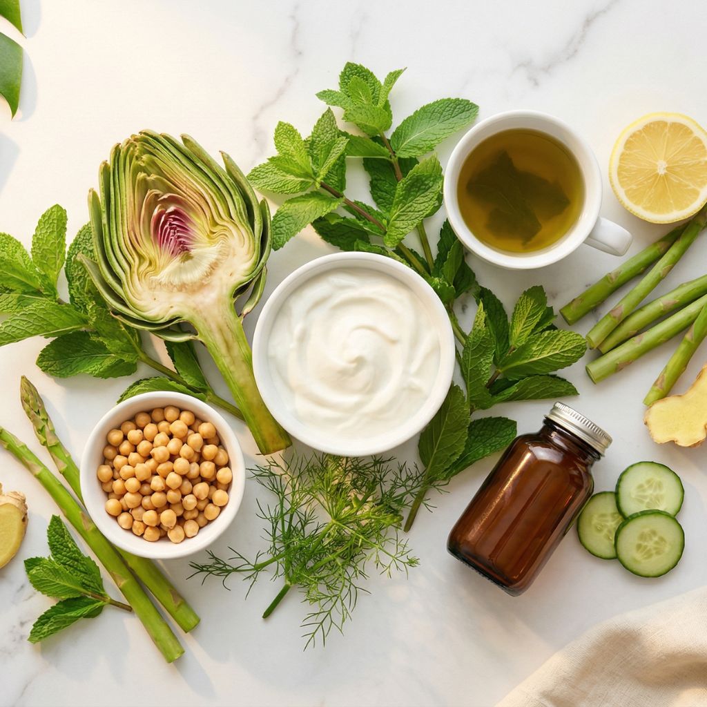 Flat lay de alimentos para vientre plano con bol de yogur natural cremoso como elemento hero, alcachofa cortada mostrando interior verde, menta fresca abundante, espárragos verdes, limón, garbanzos, jengibre y taza de infusión digestiva sobre mármol blanco