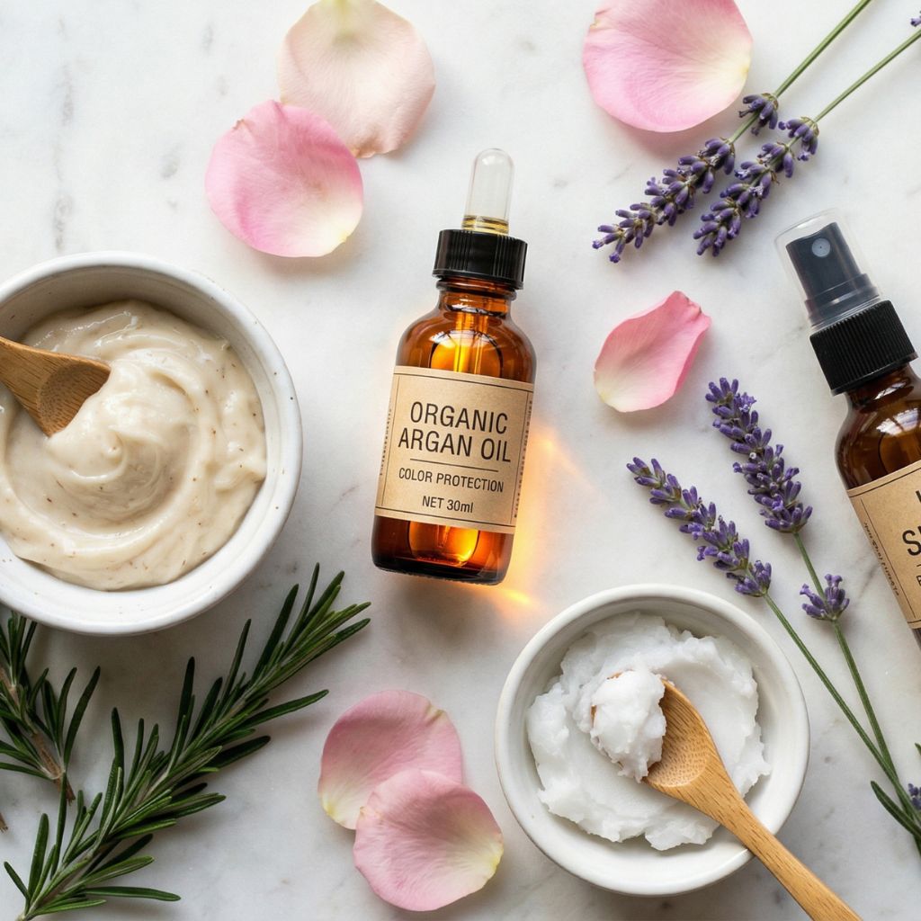 Flat lay de cuidado cabello teñido en verano con botella de aceite de argán ámbar como elemento hero, mascarilla capilar, spray protector UV, pétalos de rosa, aceite de coco, romero fresco, sérum de color y lavanda sobre mármol blanco