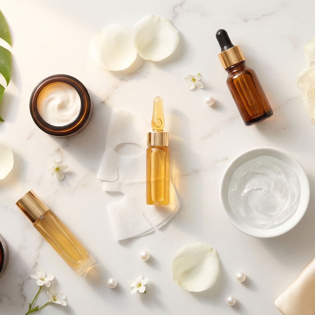 Flat lay de productos flash para eventos con ampolla de sérum dorado como elemento hero, mascarilla de hidrogel blanca, tarro de contorno de ojos, sérum de vitamina C ámbar, pétalos de rosa blanca, rosa fresca y gel de ácido hialurónico sobre mármol blanco
