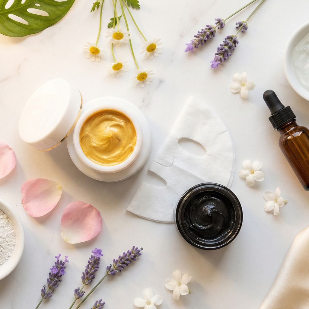 Flat lay de mascarillas faciales con tarro de Gold Mask dorada abierta como elemento hero, sheet mask blanca, mascarilla de carbón negra, flores de manzanilla blancas, arcilla caolín, pétalos de rosa, sérum vitamina C y lavanda sobre mármol blanco