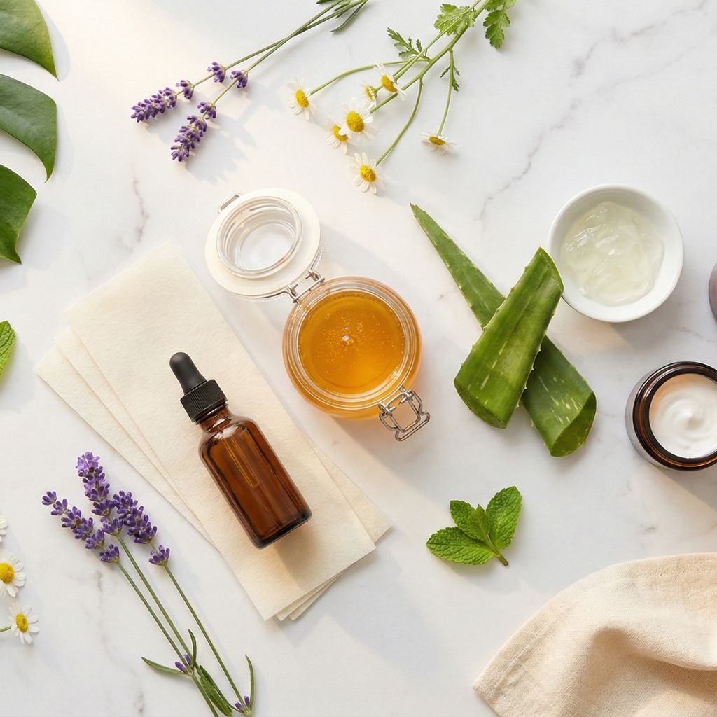Flat lay de depilación con cera con tarro de cera dorada abierto como elemento hero, tiras depilatorias crema, botella de aceite post-cera, hoja de aloe vera abierta, talco blanco, lavanda, flores de manzanilla y crema hidratante sobre mármol blanco
