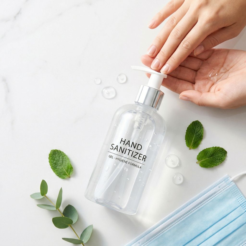 Manos limpias aplicando gel desinfectante transparente con 70% alcohol mostrando técnica correcta de higiene - dispensador pump visible