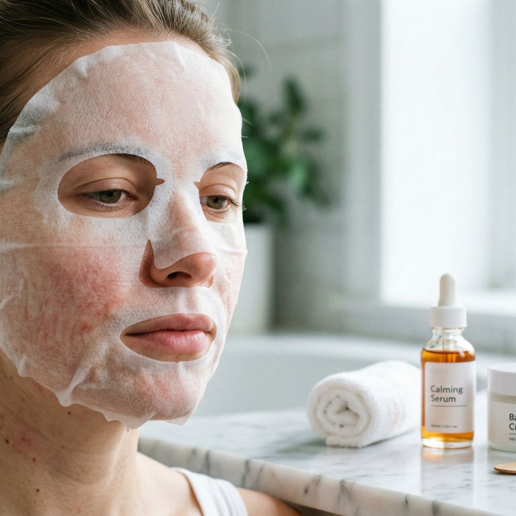 Comparativa antes y después de piel facial con irritación por mascarilla (maskné) mostrando mejora con rutina skincare - productos hidratantes y calmantes sobre mármol