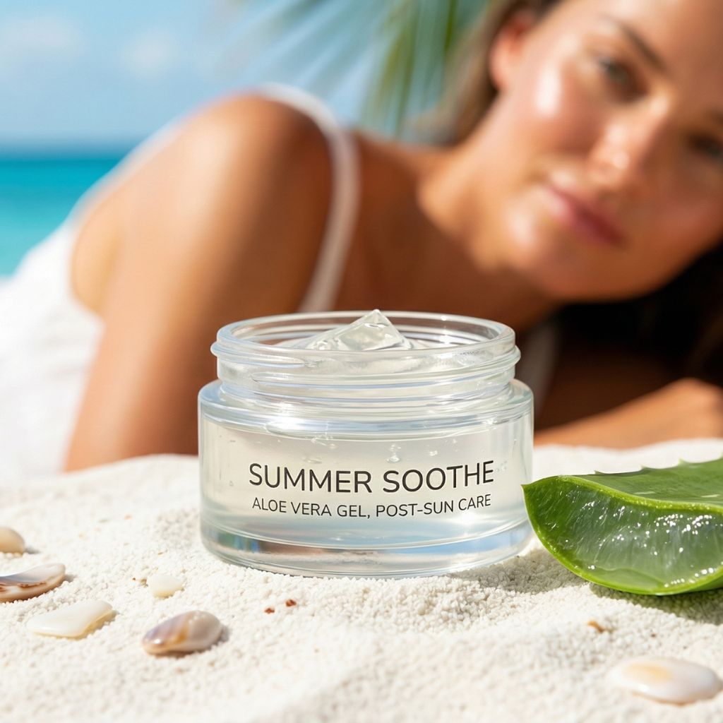 Gel aloe vera 99% natural sobre arena de playa con hoja de aloe fresca cortada mostrando gel transparente - hidratación after-sun refrescante para piel post-solar bronceada