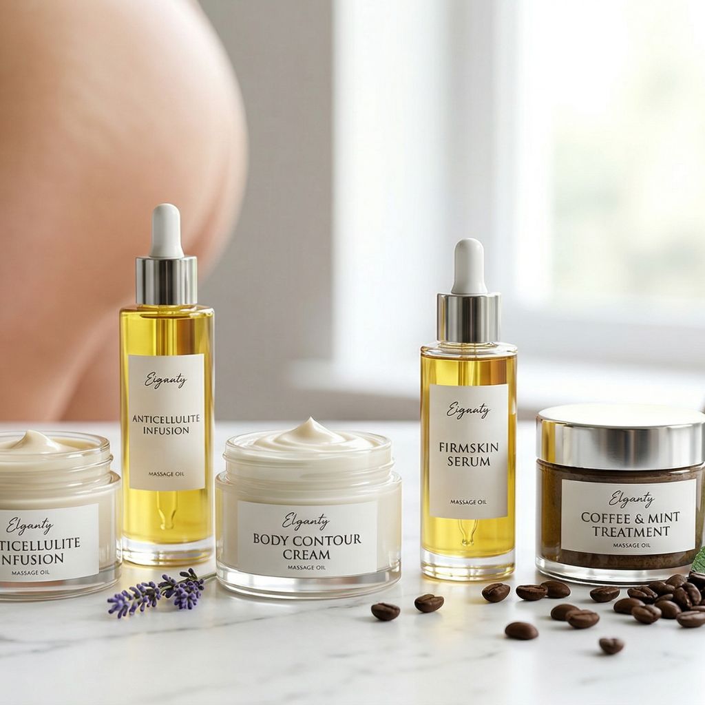 Productos anticelulíticos cremas y aceites de masaje sobre mármol blanco con ingredientes activos naturales café menta y cítricos - tratamiento efectivo piel de naranja