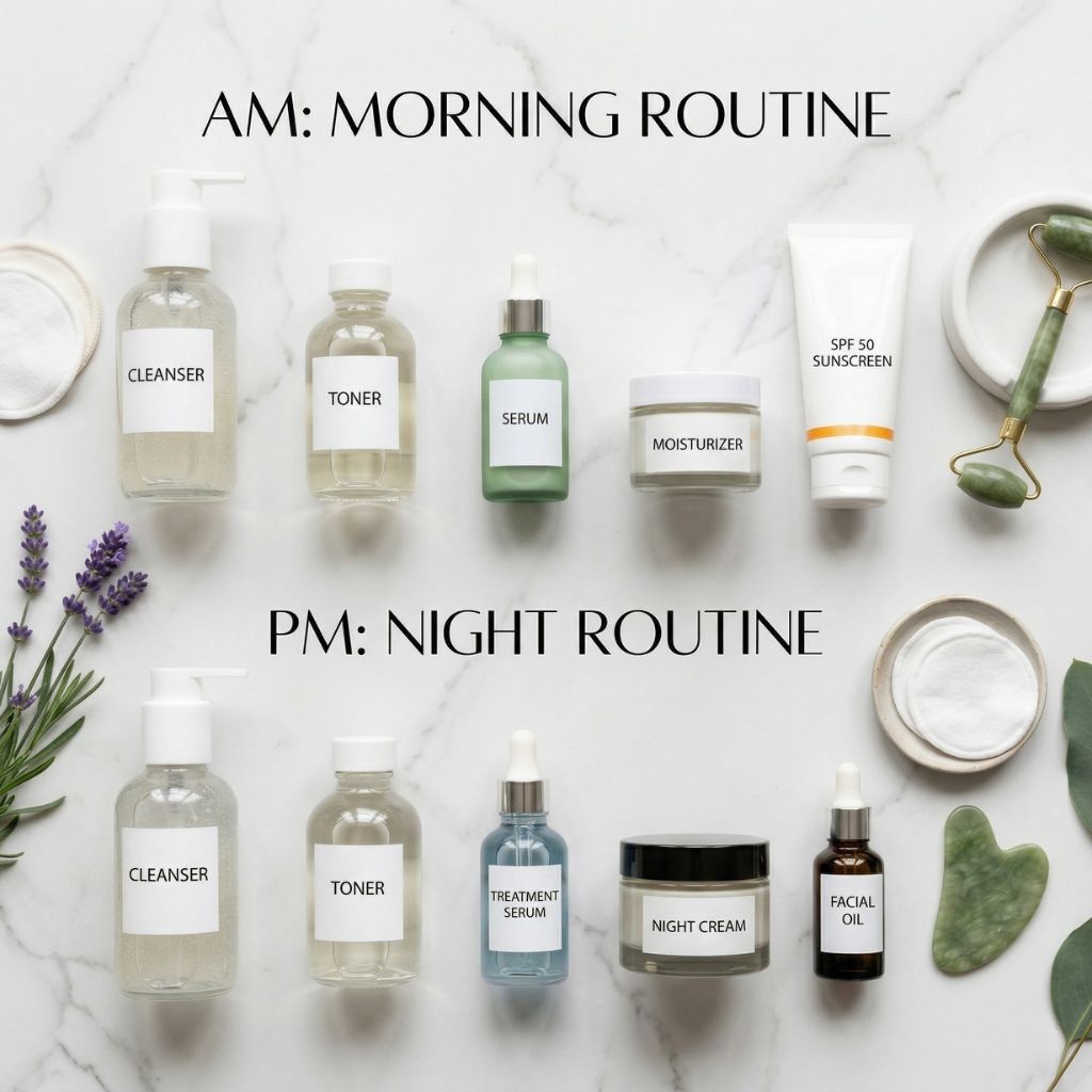 Rutina completa de cuidado facial productos organizados sobre mármol blanco - limpiador tónico serum vitamina C retinol hidratante protector solar SPF - orden aplicación paso a paso skincare