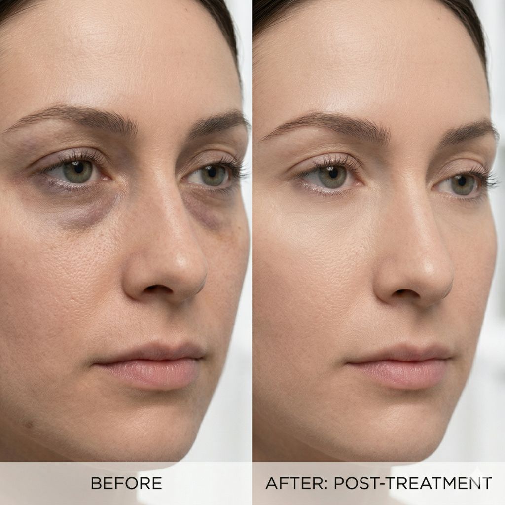 Comparación antes después tratamiento bolsas ojeras contorno ojos - reducción visible hinchazón y oscurecimiento zona periocular con sérum profesional efecto tensor inmediato - mejora realista piel natural