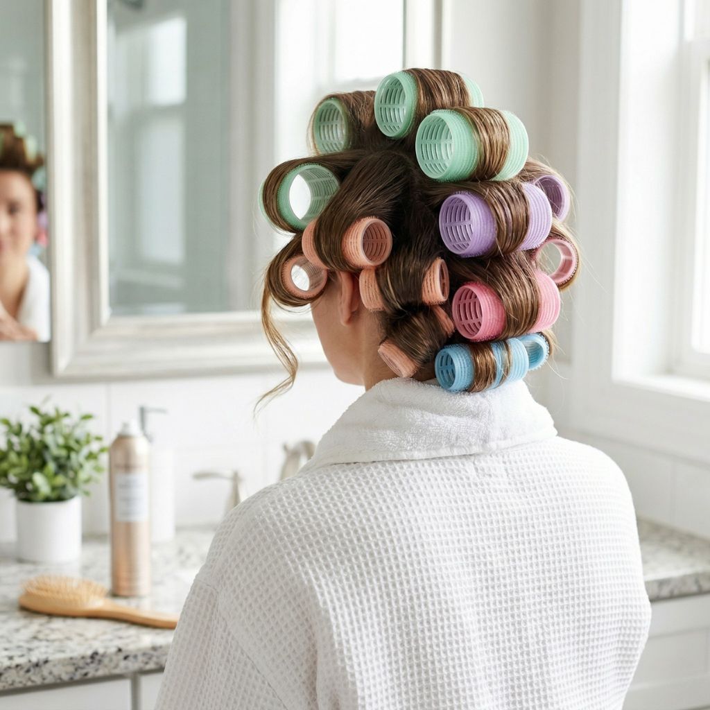 Mujer desde atrás con rulos coloridos pastel pelo (rosa menta lavanda) aplicados diferentes tamaños - albornoz blanco baño espejo - cabello saludable brillante proceso styling - tutorial cómo usar rulos velcro térmicos foam técnica correcta peinados ondas rizos profesionales casa rutina belleza