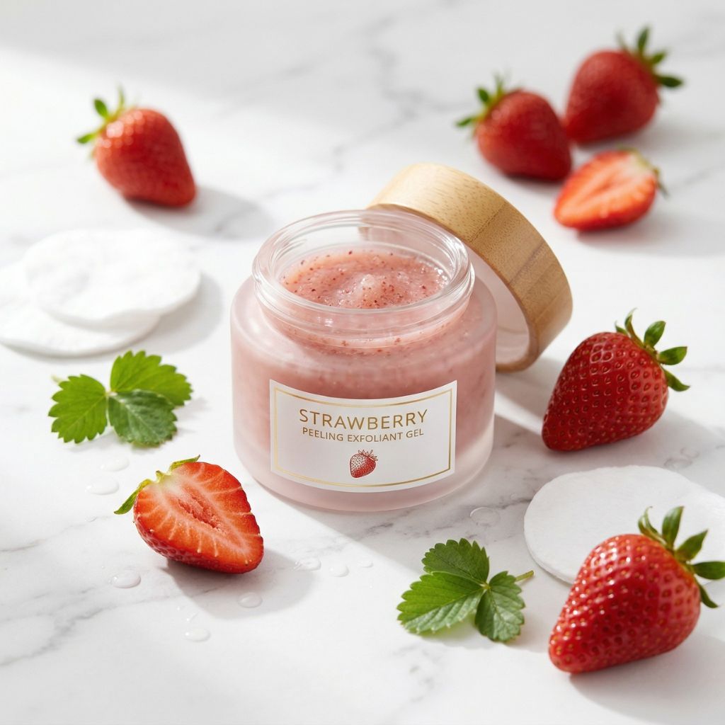 Peeling de fresa exfoliante facial gel frasco elegante rodeado fresas frescas maduras rojas superficie mármol blanco limpia luz natural suave - exfoliación natural piel post-verano renovación cutánea